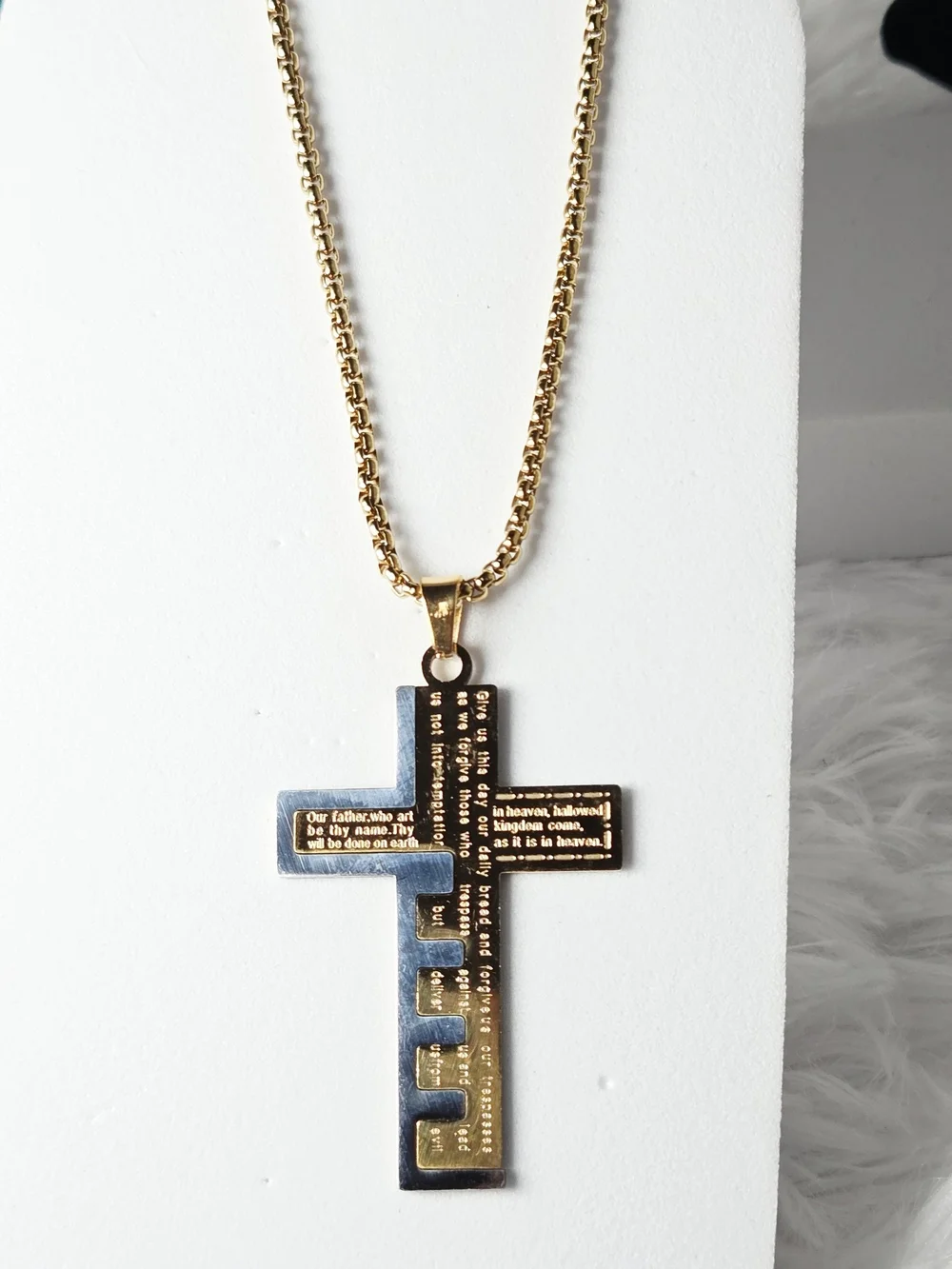 Lord's Prayer Cross Key Necklace Two Tone Stainless Steel 24